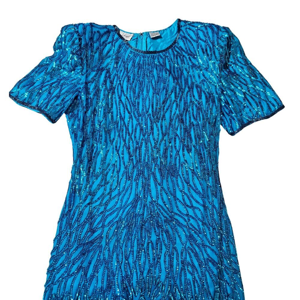 Vintage Laurence Kazar Sequin Cocktail Formal Party Dress Teal Women's Size S
